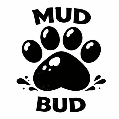 Mud Bud logo featuring a playful dog face with a paw print nose in black and white.